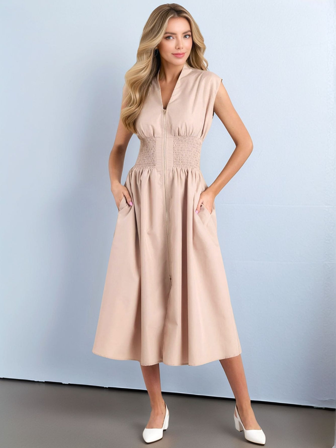 Smocked Zip Front Cap Sleeve Dress