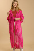 Umgee Full Size Floral Lace Open Front Long Kimono with Waist Tie Plus Size