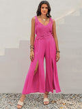 V-Neck Wide Strap Slit Jumpsuit