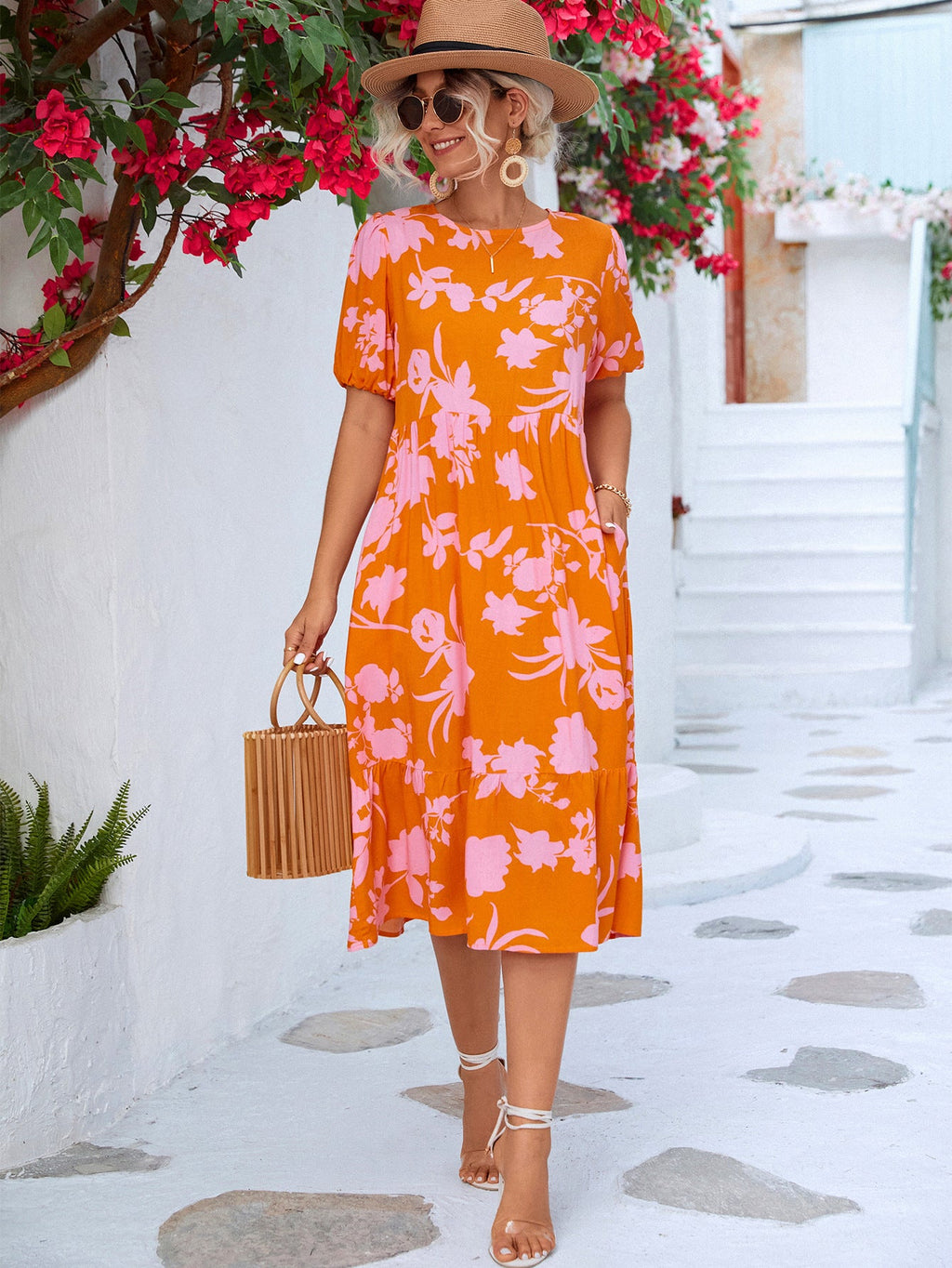 Floral Puff Sleeve Ruffle Hem Midi Dress