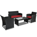 4 Pieces Rattan Patio Furniture Set with Weather Resistant Cushions and Tempered Glass Tabletop-Red