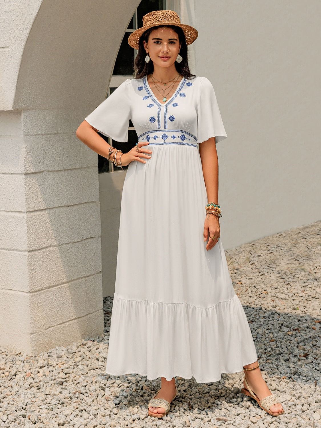 Ruffled Hem V-Neck Flutter Sleeve Dress