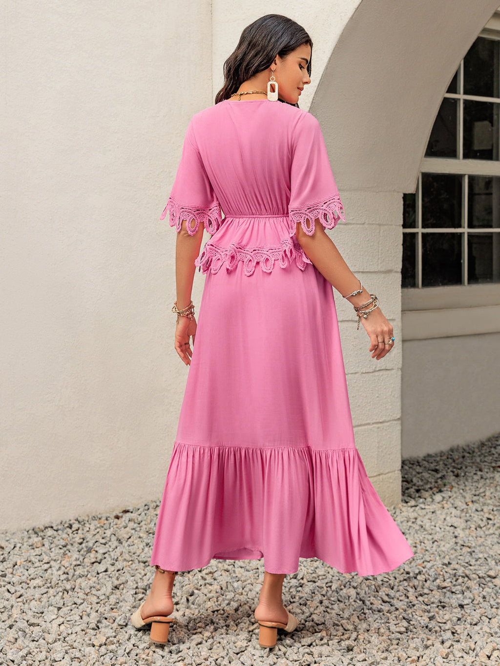 Lace Detail V-Neck Half Sleeve Midi Dress