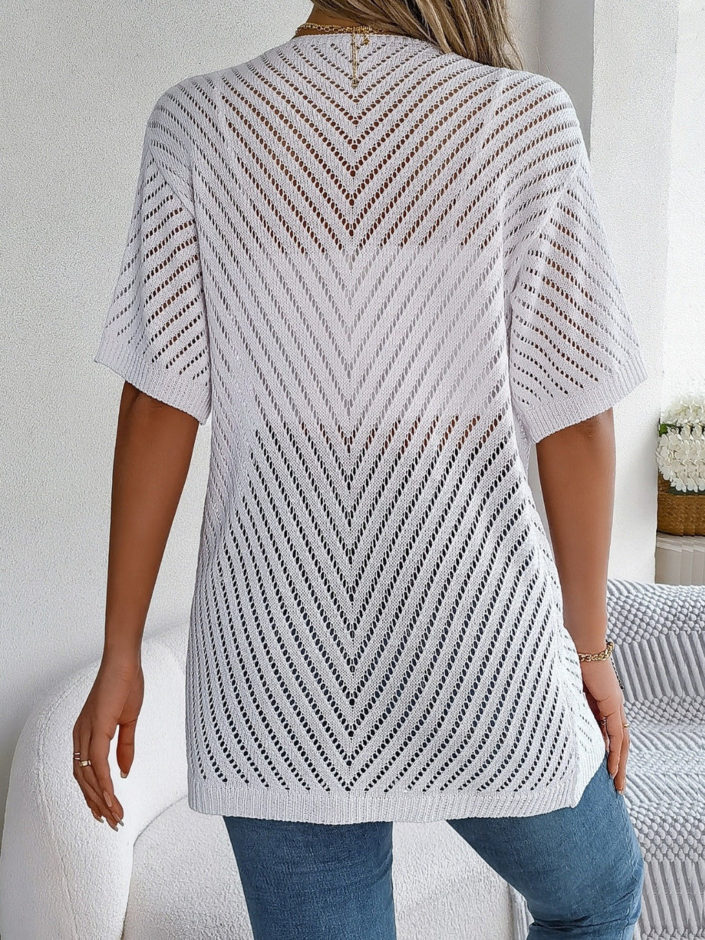 Openwork Open Front Half Sleeve Cardigan