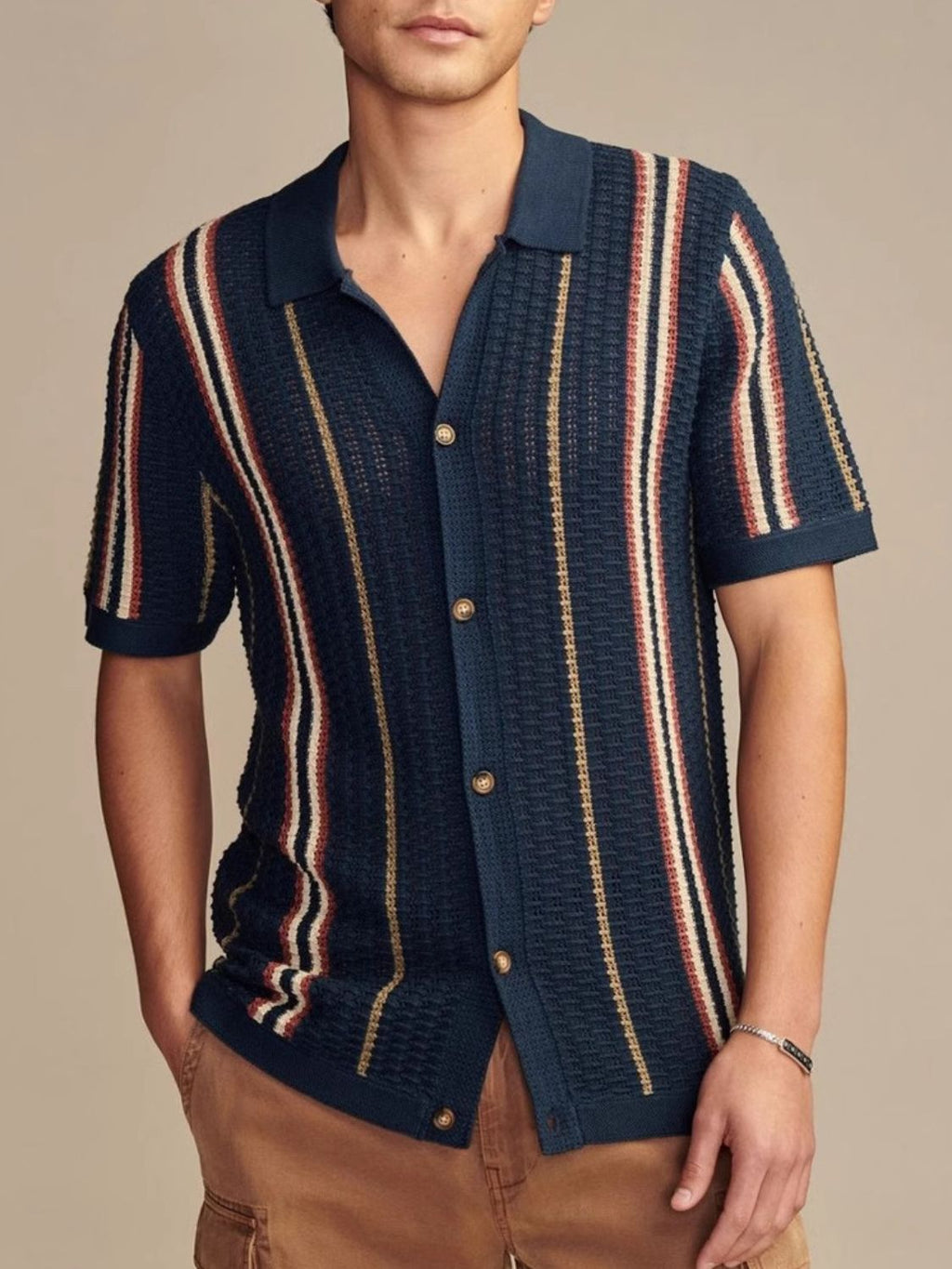 Men's Plus Size Striped Collared Neck Short Sleeve Shirt