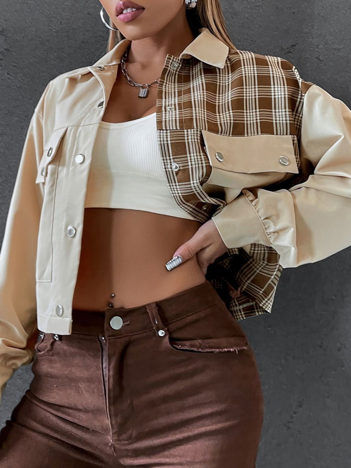 Snap Down Color Block Plaid Jacket