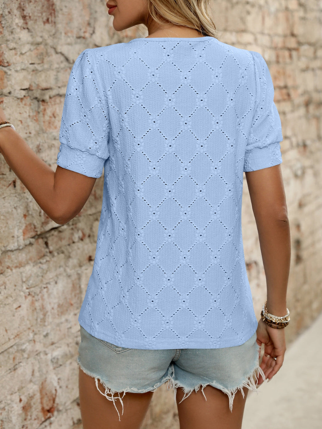 Eyelet Round Neck Short Sleeve Top