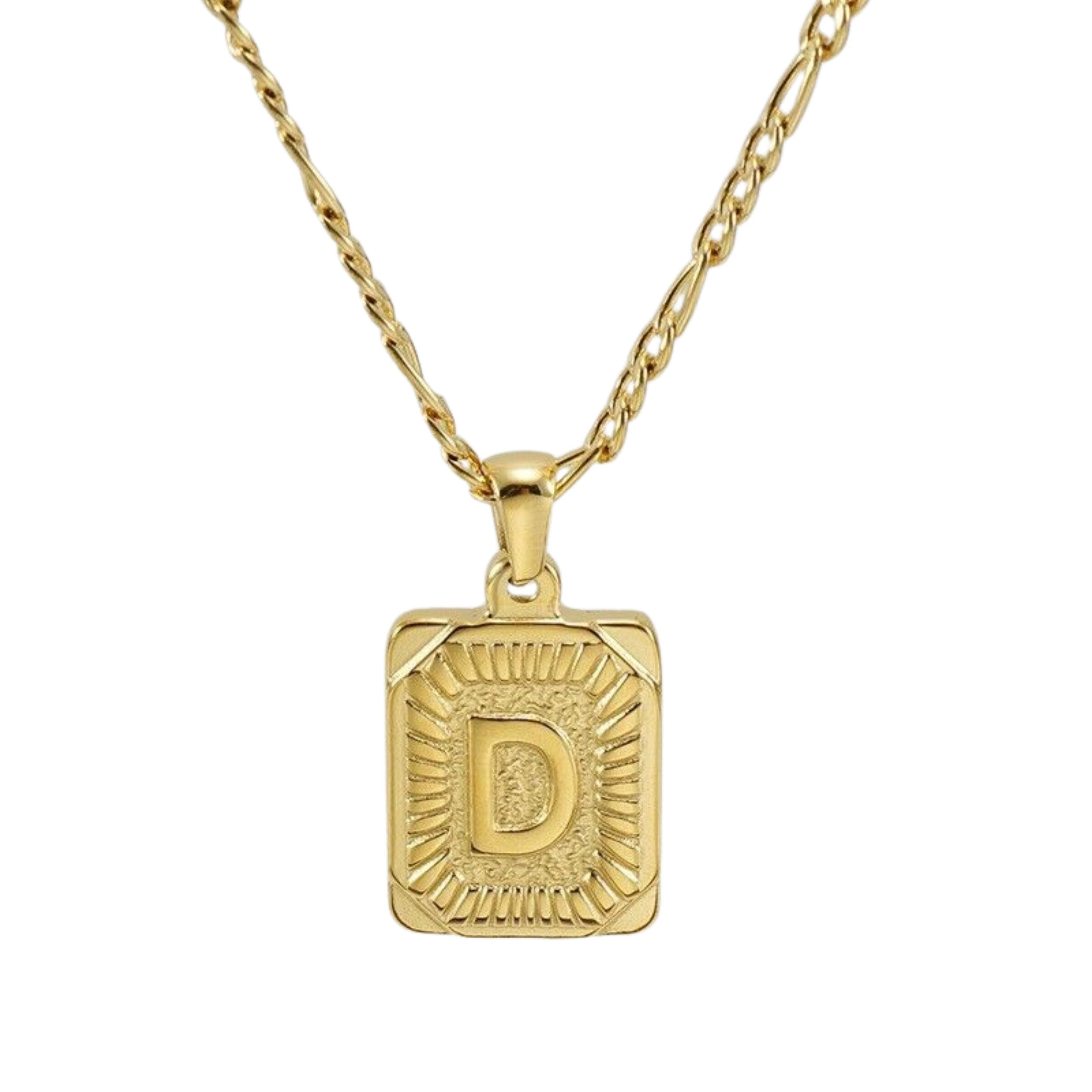 18" Gold Plated Initial Letter Pendant Necklace Stainless Steel Figaro Chain