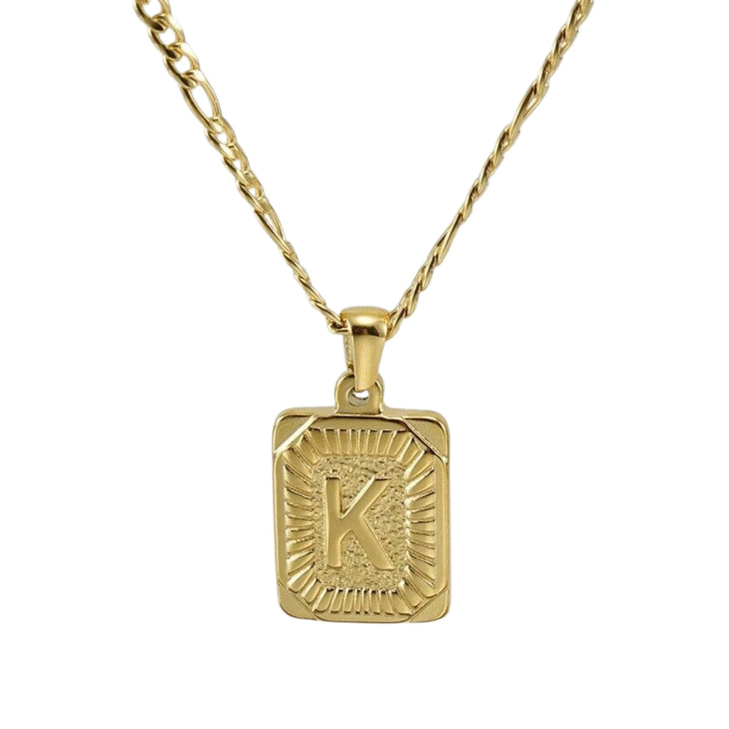 18" Gold Plated Initial Letter Pendant Necklace Stainless Steel Figaro Chain