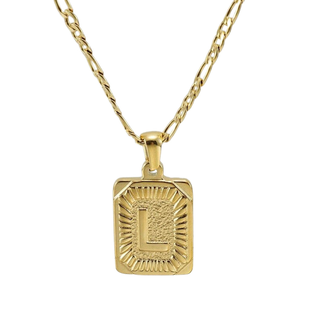 18" Gold Plated Initial Letter Pendant Necklace Stainless Steel Figaro Chain
