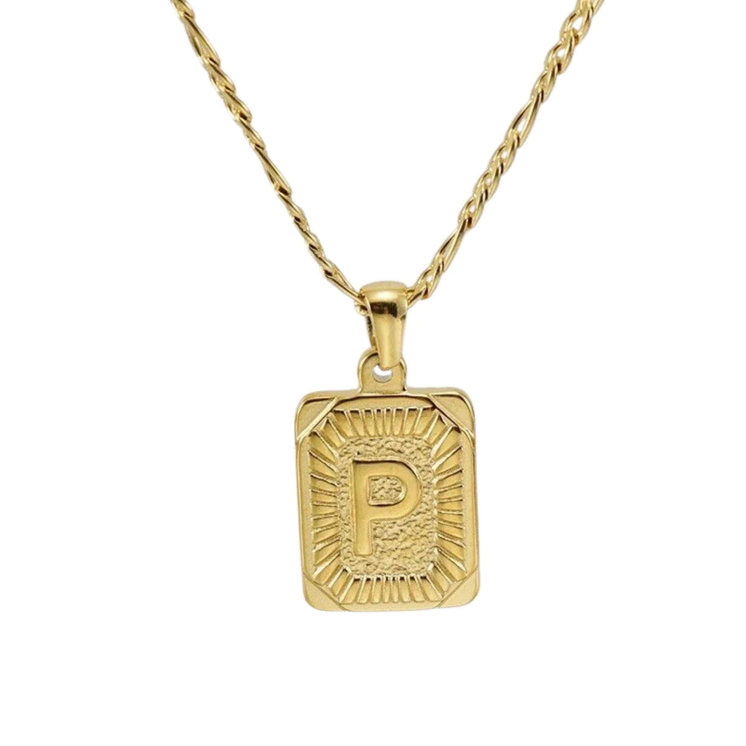 18" Gold Plated Initial Letter Pendant Necklace Stainless Steel Figaro Chain