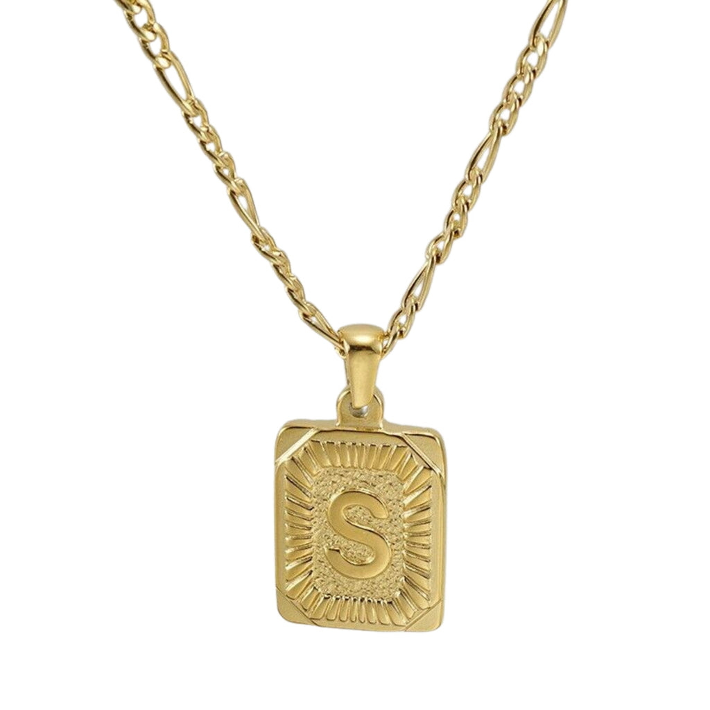 18" Gold Plated Initial Letter Pendant Necklace Stainless Steel Figaro Chain