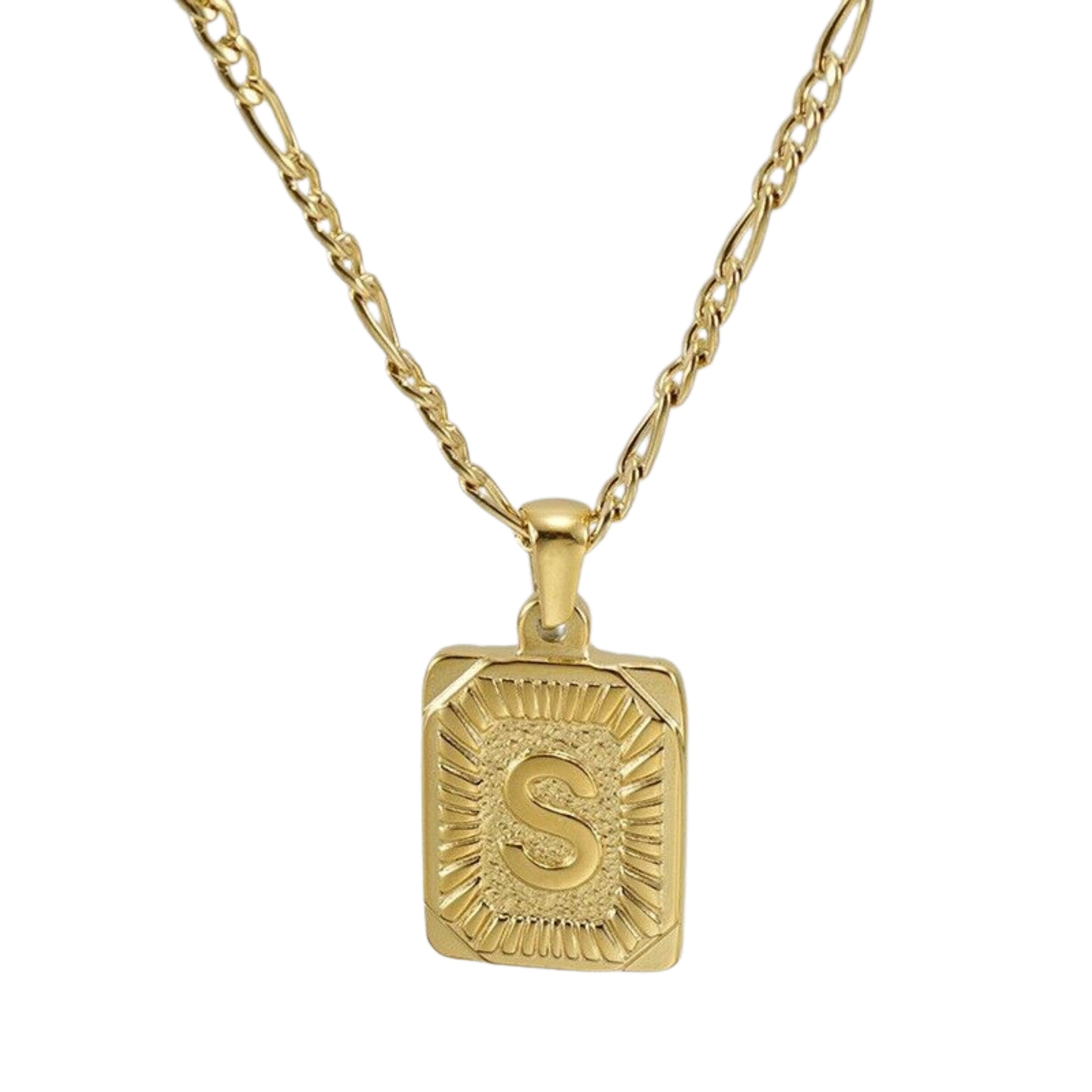 18" Gold Plated Initial Letter Pendant Necklace Stainless Steel Figaro Chain