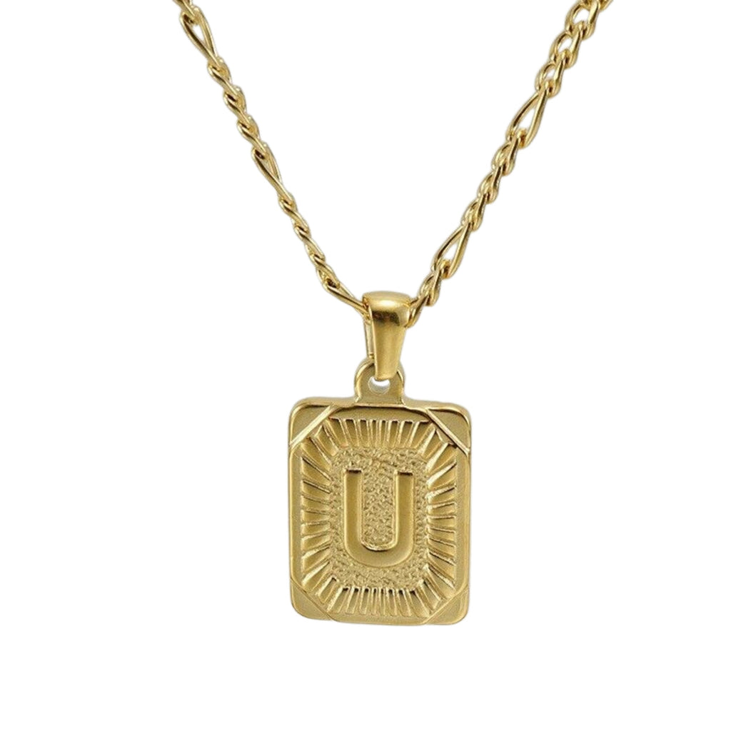 18" Gold Plated Initial Letter Pendant Necklace Stainless Steel Figaro Chain