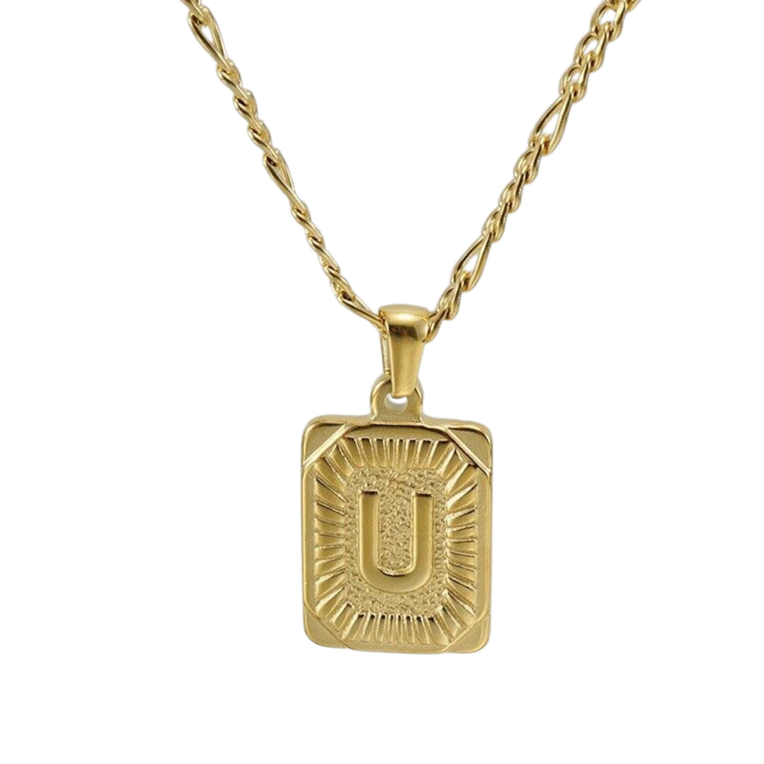 18" Gold Plated Initial Letter Pendant Necklace Stainless Steel Figaro Chain