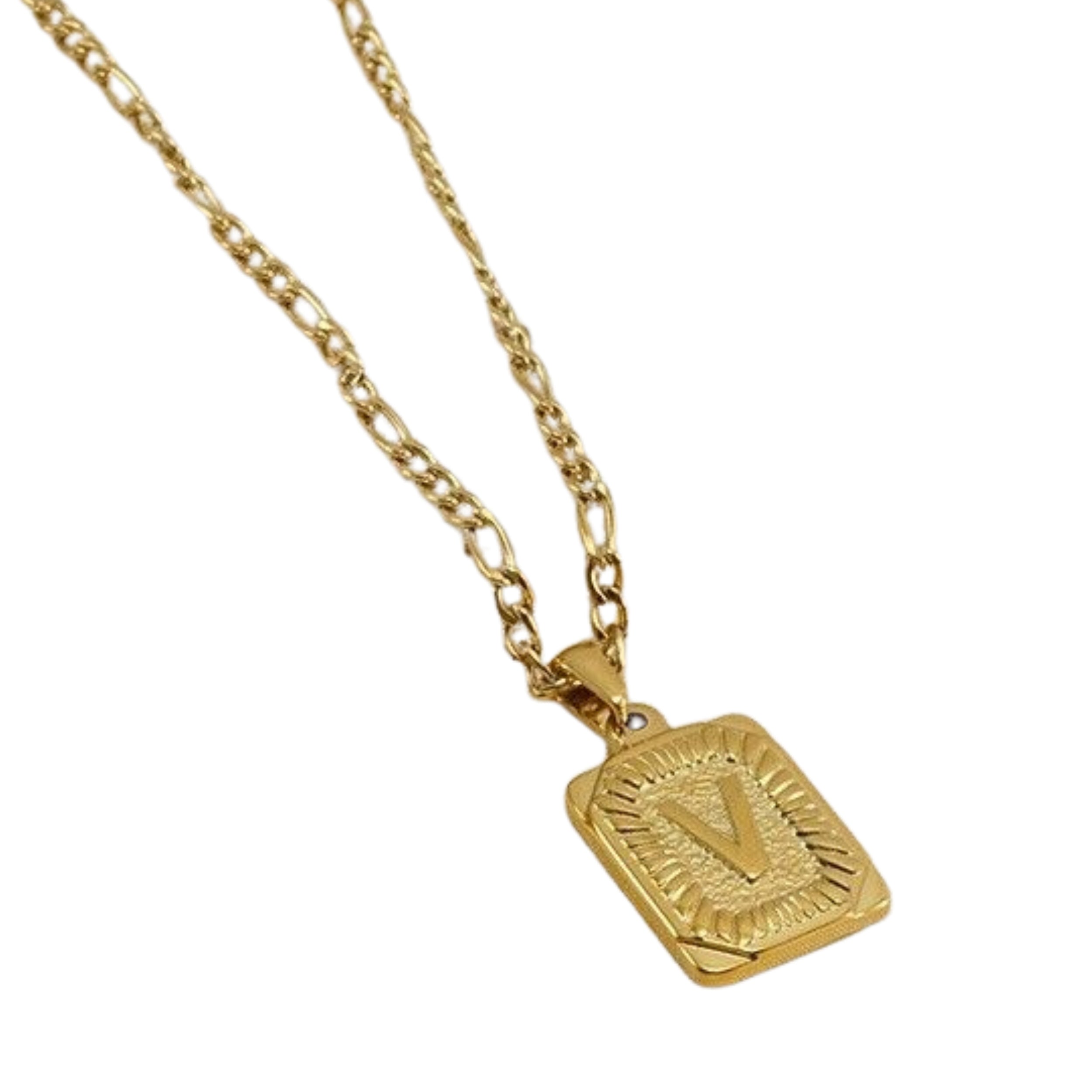18" Gold Plated Initial Letter Pendant Necklace Stainless Steel Figaro Chain