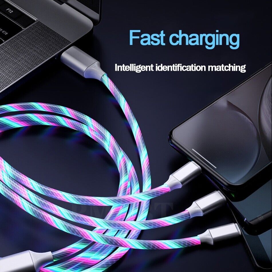 3 in 1 LED Fast Charging Cable Adapter For iPhone Micro USB Type C Charger Cord