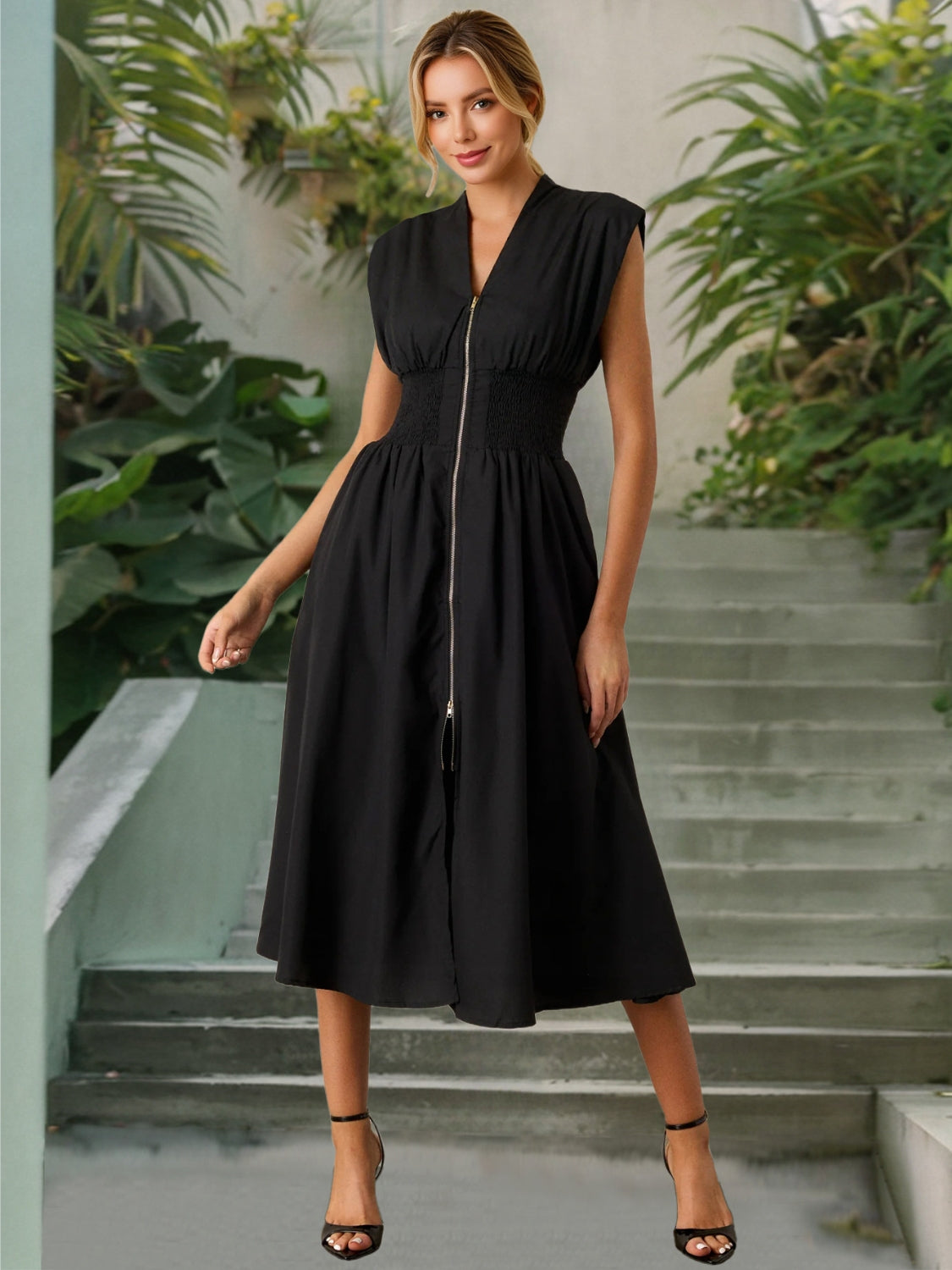 Smocked Zip Front Cap Sleeve Dress