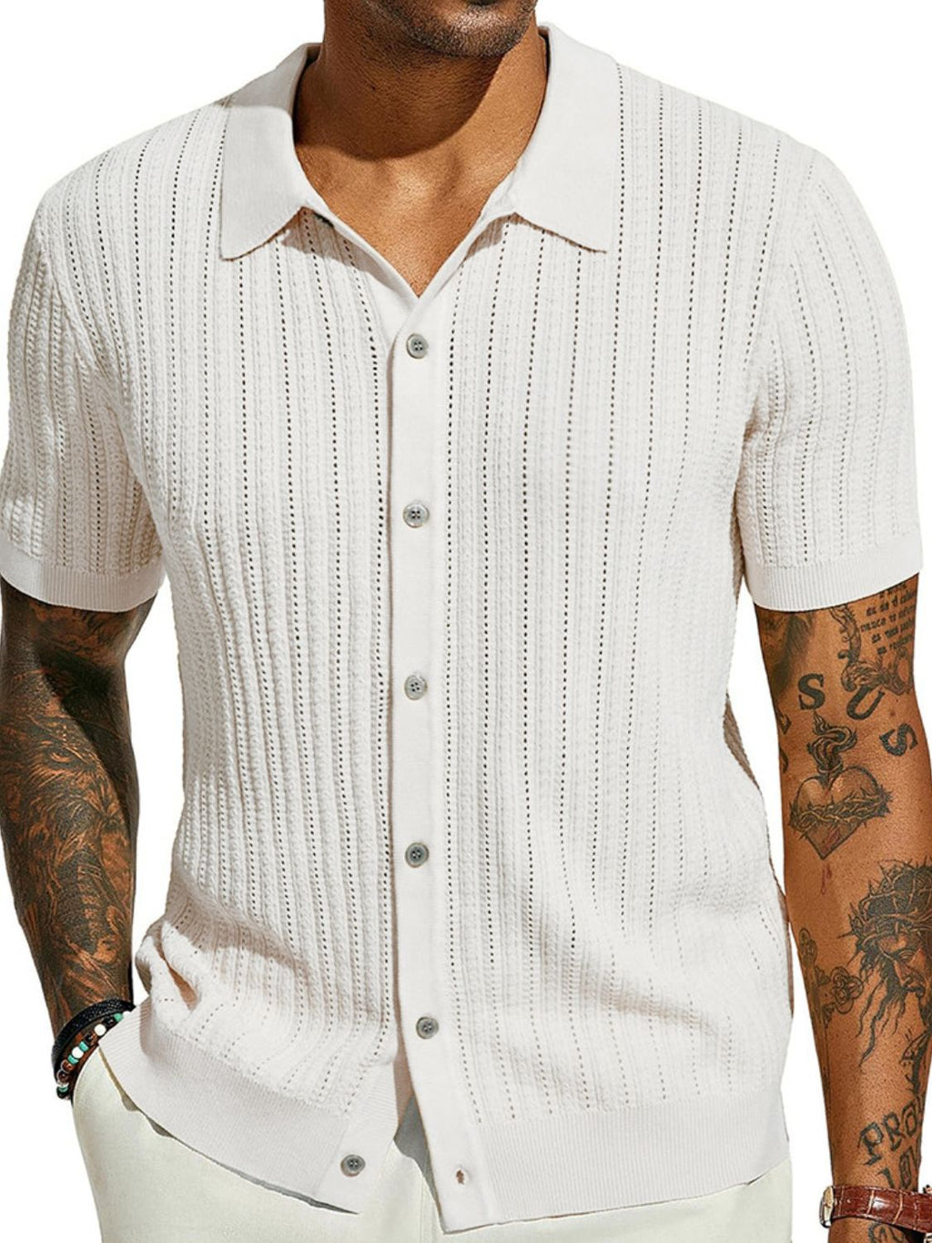 Men's Full Size Openwork Button Down Collared Neck Shirt Plus Size