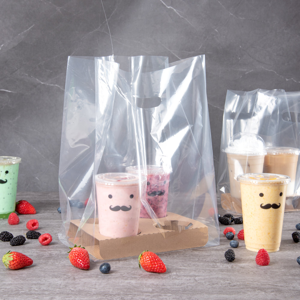 Bag Tek Clear Plastic Take Out Bag - Fits 4-Cup Drink Carrier - 17 3/4" x 9 3/4" x 7" - 100 count box