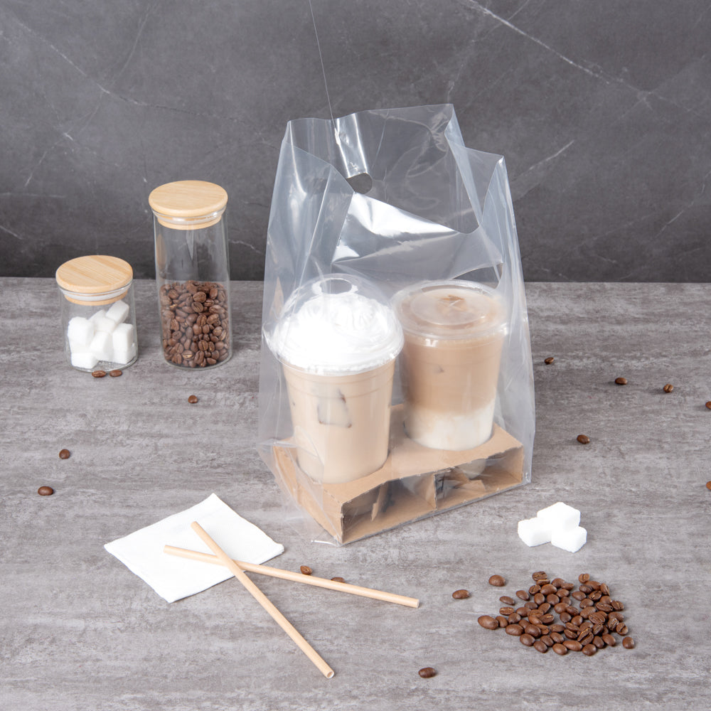 Bag Tek Clear Plastic Take Out Bag - Fits 2-Cup Drink Carrier - 13 3/4" x 7 3/4" x 4 1/4" - 100 count box