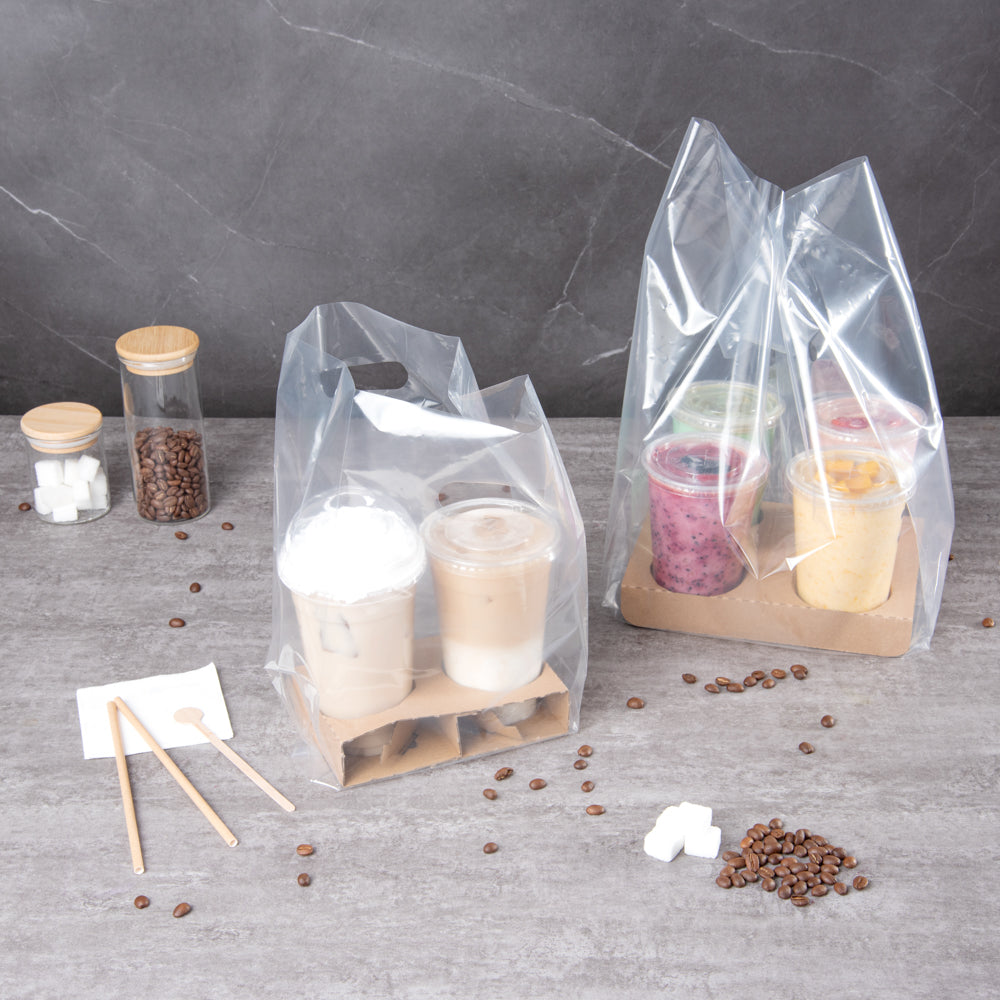Bag Tek Clear Plastic Take Out Bag - Fits 2-Cup Drink Carrier - 13 3/4" x 7 3/4" x 4 1/4" - 100 count box