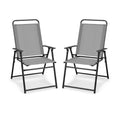 Set of 2 Outdoor Folding Sling Chairs with Armrest and Backrest-Gray