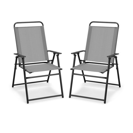 Set of 2 Outdoor Folding Sling Chairs with Armrest and Backrest-Gray