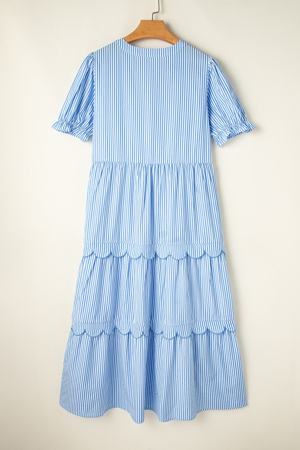 Stripe Bubble Short Sleeve Tiered Scallop Midi Dress