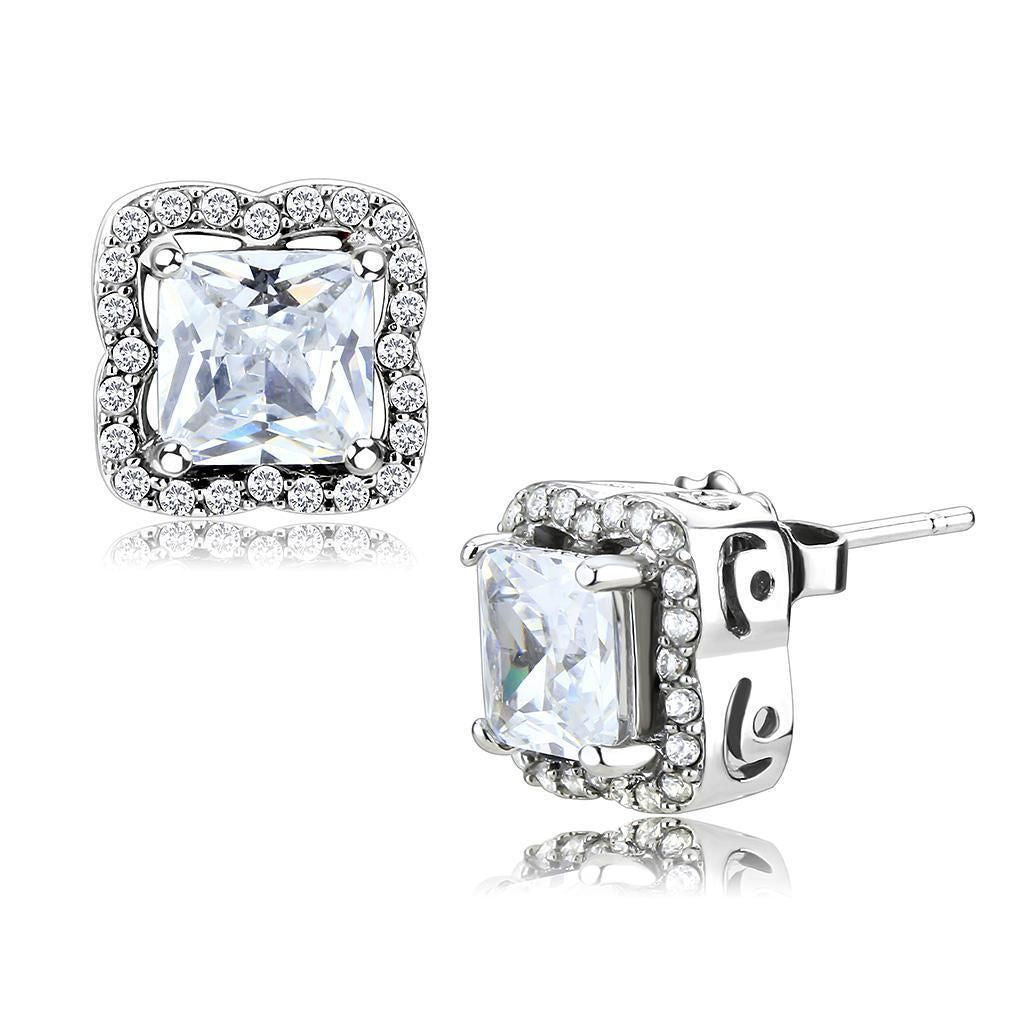 DA081 - High polished (no plating) Stainless Steel Earrings with AAA Grade CZ in Clear