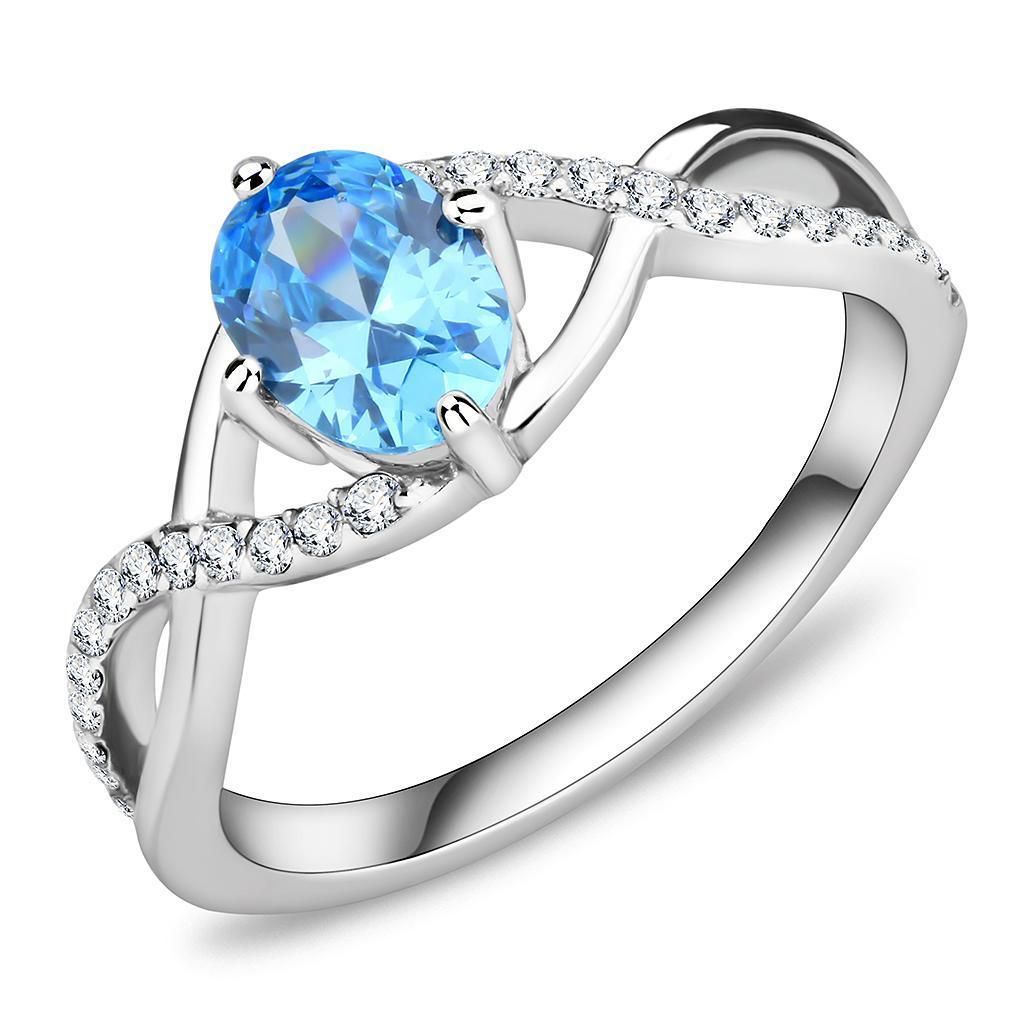 DA117 - High polished (no plating) Stainless Steel Ring with AAA Grade CZ in Sea Blue