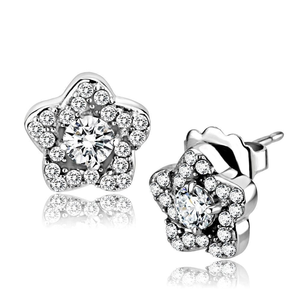 DA297 - High polished (no plating) Stainless Steel Earrings with AAA Grade CZ in Clear