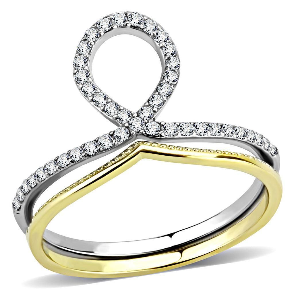 DA278 - Two-Tone IP Gold (Ion Plating) Stainless Steel Ring with AAA Grade CZ in Clear