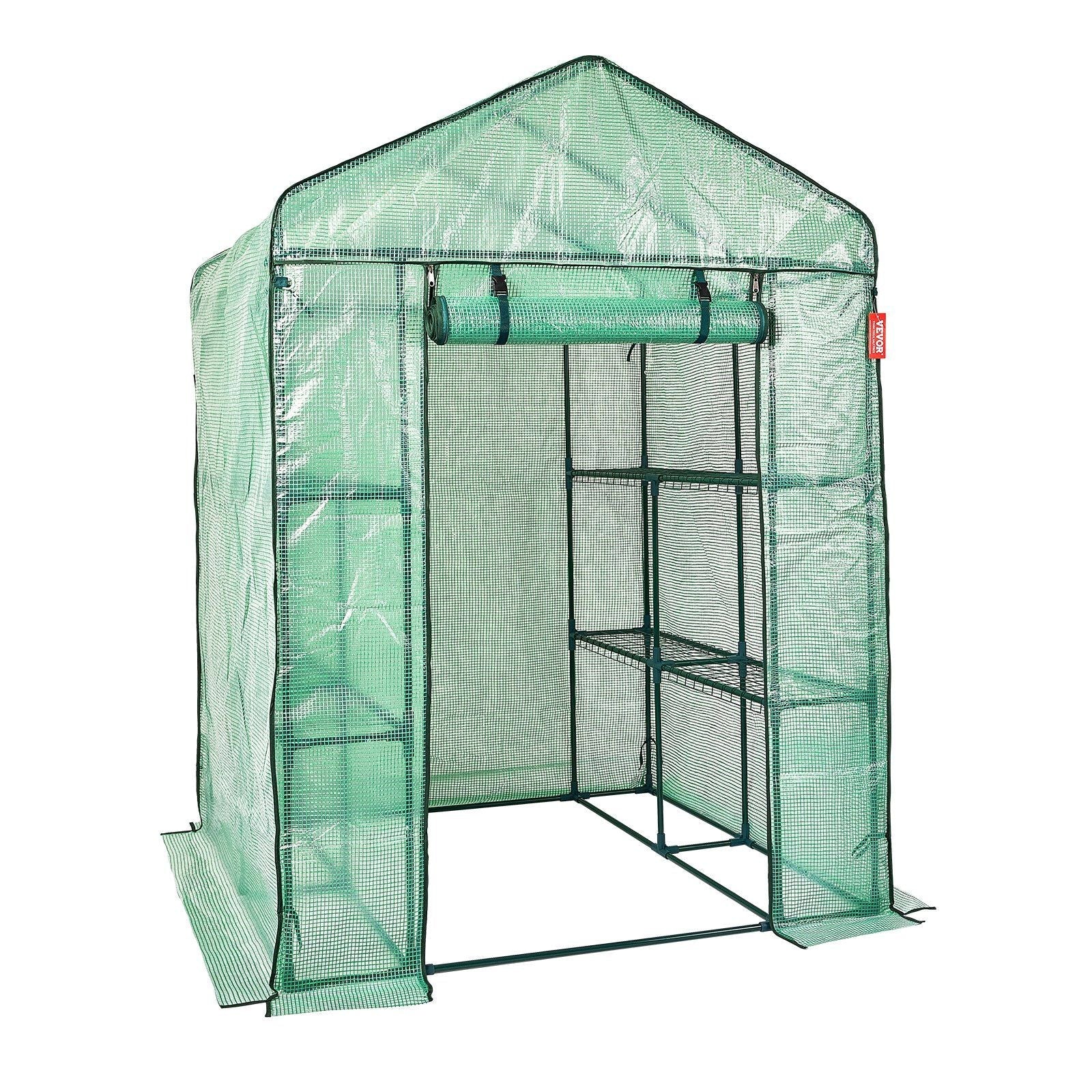 Walk-in Green House, 4.6 x 4.6 x 6.6 ft , Greenhouse with Shelves, High Strength PE Cover with Zipper Door and Steel Frame, Assembly in Minutes, Suitable for Planting and Storage