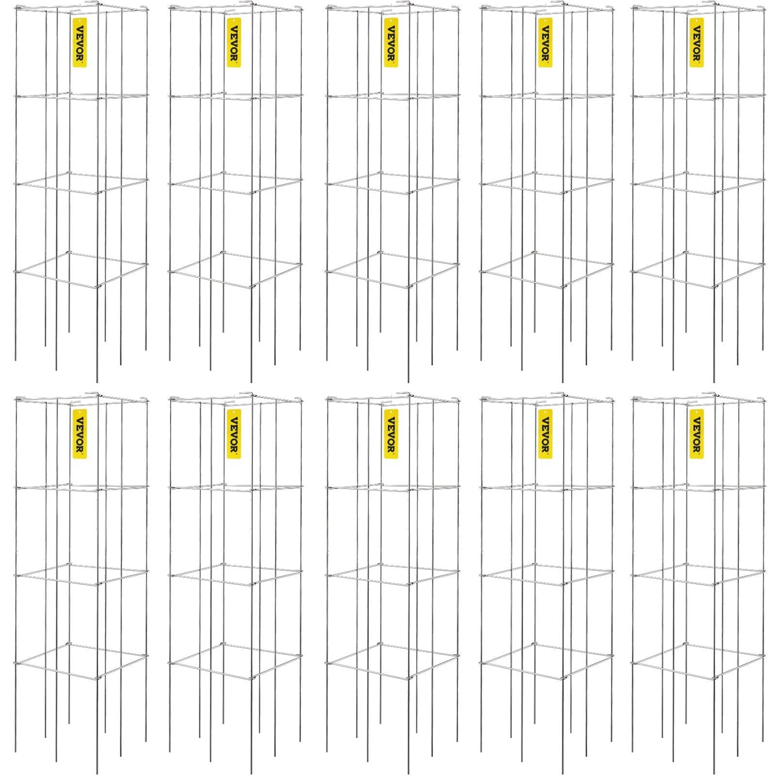 Tomato Cages, 11.8" x 11.8" x 46.1", 10 Packs Square Plant Support Cages, Silver PVC-Coated Steel Tomato Towers for Climbing Vegetables, Plants, Flowers, Fruits