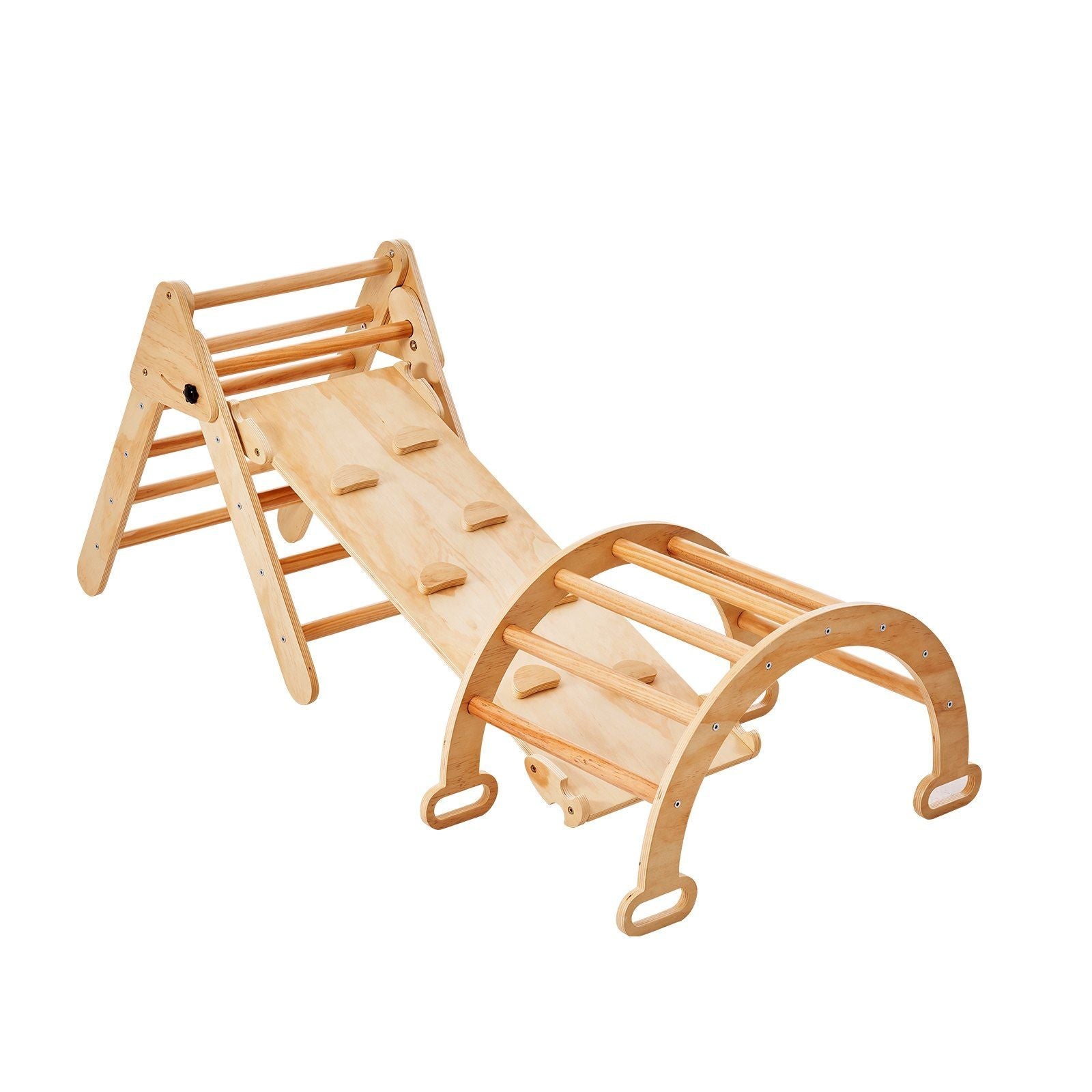 Pikler Triangle Set, 5 in 1 Toddler Climbing Toys Indoor Playground, Ramp, and Arch, Montessori Climbing Set with Triangle, Medium Size Wooden Climbing Gym for Toddlers 1-3 Years, Wood Color