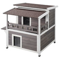 Outdoor Cat House 2-story Wooden Feral Cat Shelter with Balcony & Roof