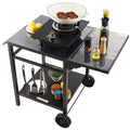Outdoor Grill Dining Cart with Double-Shelf, BBQ Movable Food Prep Table, Multifunctional Foldable Iron Table Top, Portable Modular Carts for Pizza Oven, Worktable with 2 Wheels, Carry Handle
