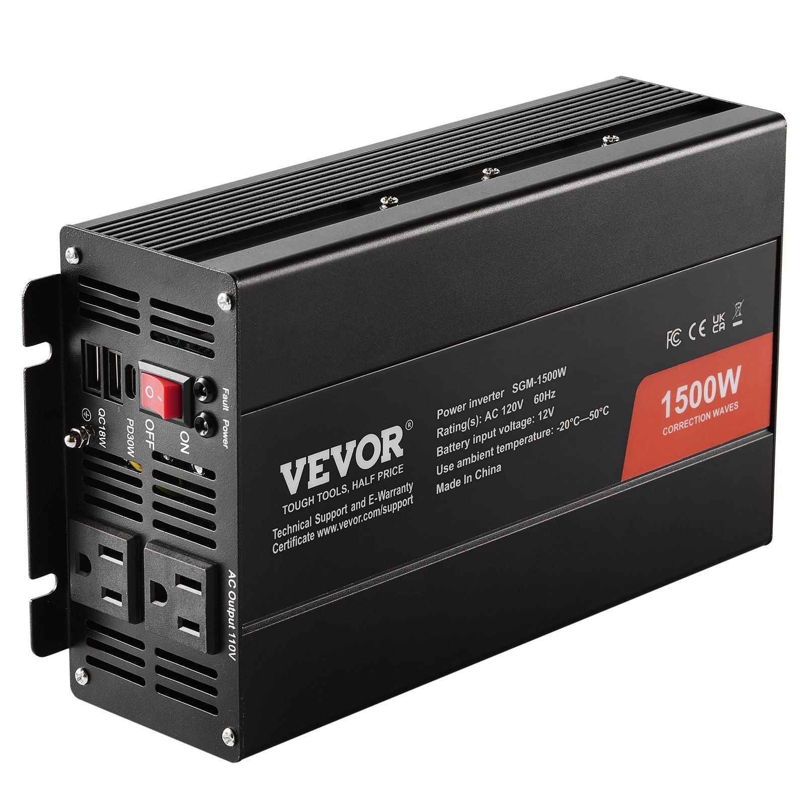 Modified Sine Wave Inverter, 1500W, DC 12V to AC 120V Power Inverter with 2 AC Outlets 2 USB Port 1 Type-C Port 6 Spare Fuses, for Small Home Devices like Smartphone Laptop, CE FCC Certified
