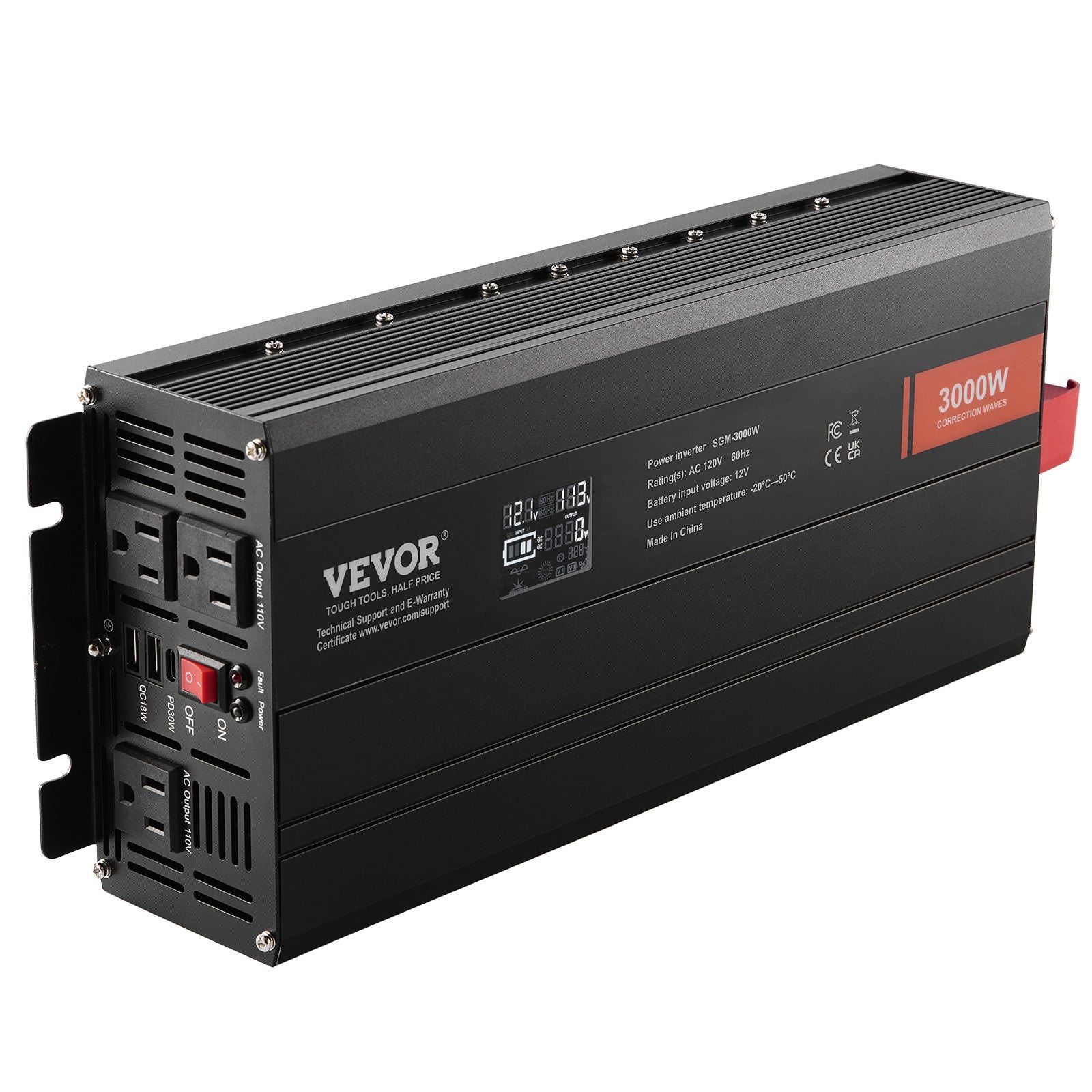 Modified Sine Wave Inverter, 3000Watt, DC 12V to AC 120V LCD Display Power Inverter with 3 AC Outlets 2 USB Port 1 Type-C Port 10 Spare Fuses, for Large Household Equipment, CE FCC Certified