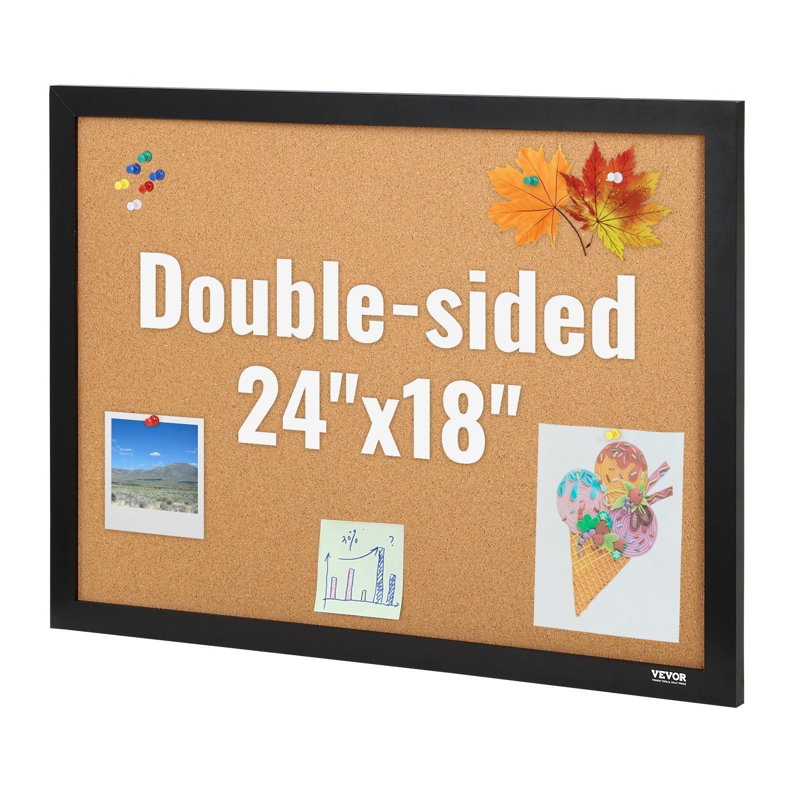 Cork Board, 24 x 18 inches, Double-sided Bulletin Board with MDF Sticker Frame, Vision Board Includes 10 Pushpins, for Display and Decoration in Office Home and School