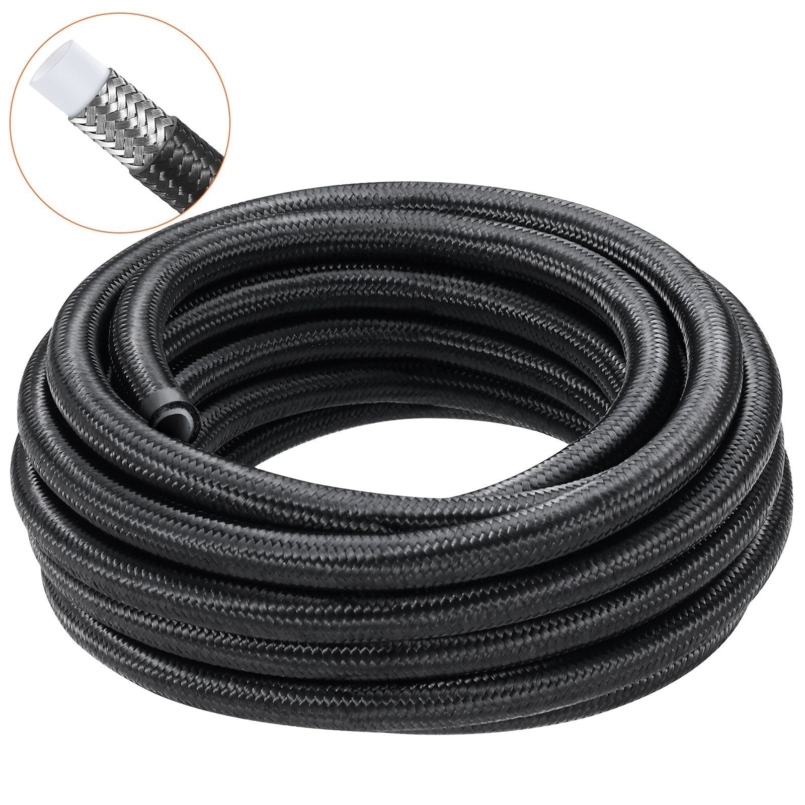 6AN Fuel Line Kit, 25 FT Fuel Hose Kit, 5/16" Nylon Stainless Steel Braided PTFE Fuel Line Kit, E85/Oil/Gas/Diesel Hose End Fitting Kit, with 15 PCS Swivel Fitting Adapter Kit, Black
