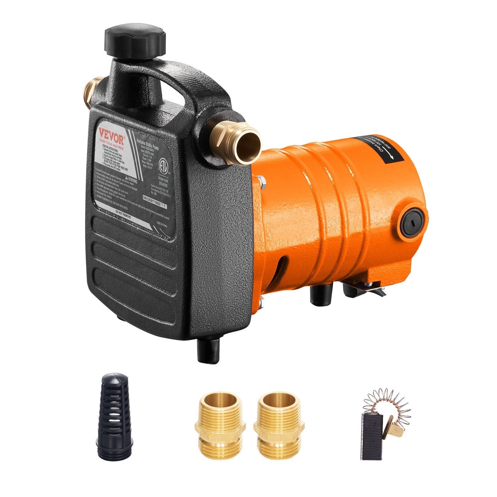 Cast Iron Water Transfer Pump, 115V AC 1600 GPH 1/2HP, Portable Electric Utility Pump with Carbon Brush, Filter, Brass Connectors, for Garden, Rain Barrel, Pool, Pond, Hot Tub, Aquarium Draining