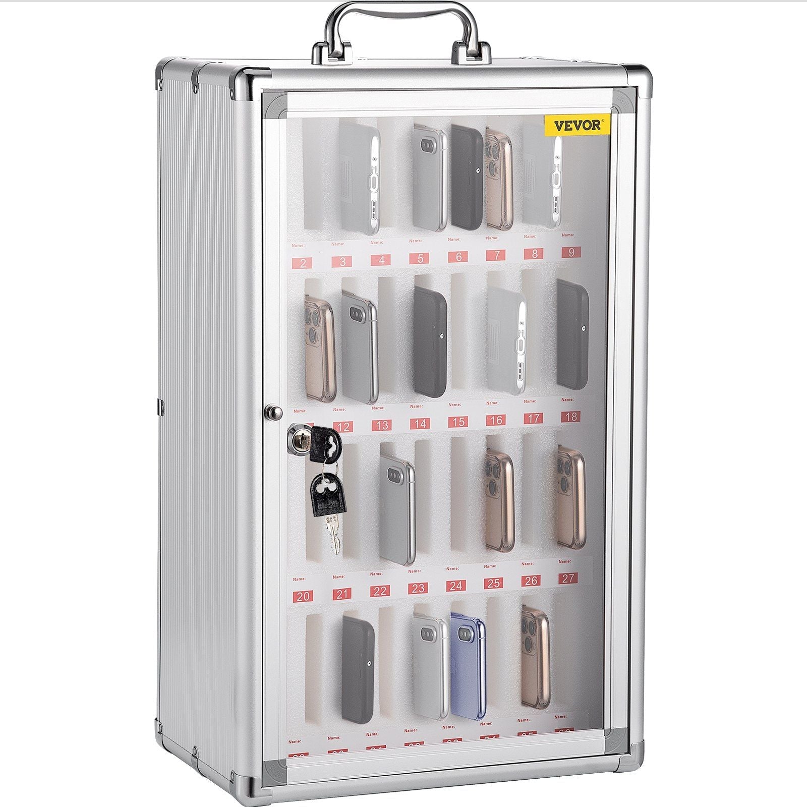 36 Slots Cell Phone Cabinet Silver Aluminum Alloy Pocket Chart Storage Locker Box w/Portable Handle, Key Lock & Handwritten Tags, Wall Mounted for Classroom, Office, Gym