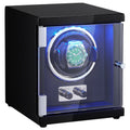 Watch Winder, Single Watch Winder for Men's and Women's Automatic Watch, with Super Quiet Japanese Mabuchi Motor, Blue LED Light and Adapter, High-Density Board Shell and Black PU