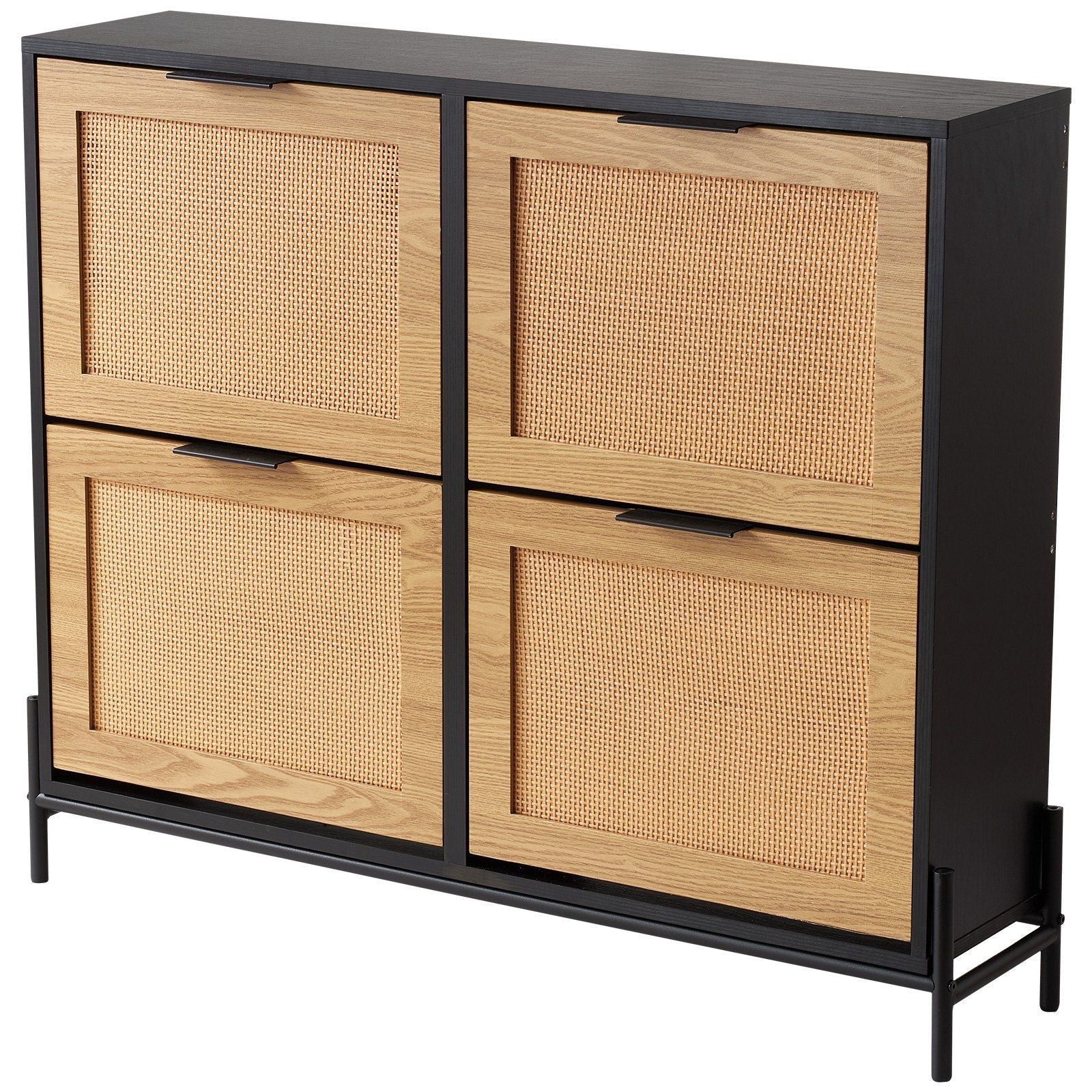 Rattan Shoe Cabinet, Narrow Shoe Storage Organizer with 4 Flip Drawers, Slim Shoe Entryway Storage Cabinet with Metal Legs, Ideal for Entryway, Closet, Hallway, Light Wood Color