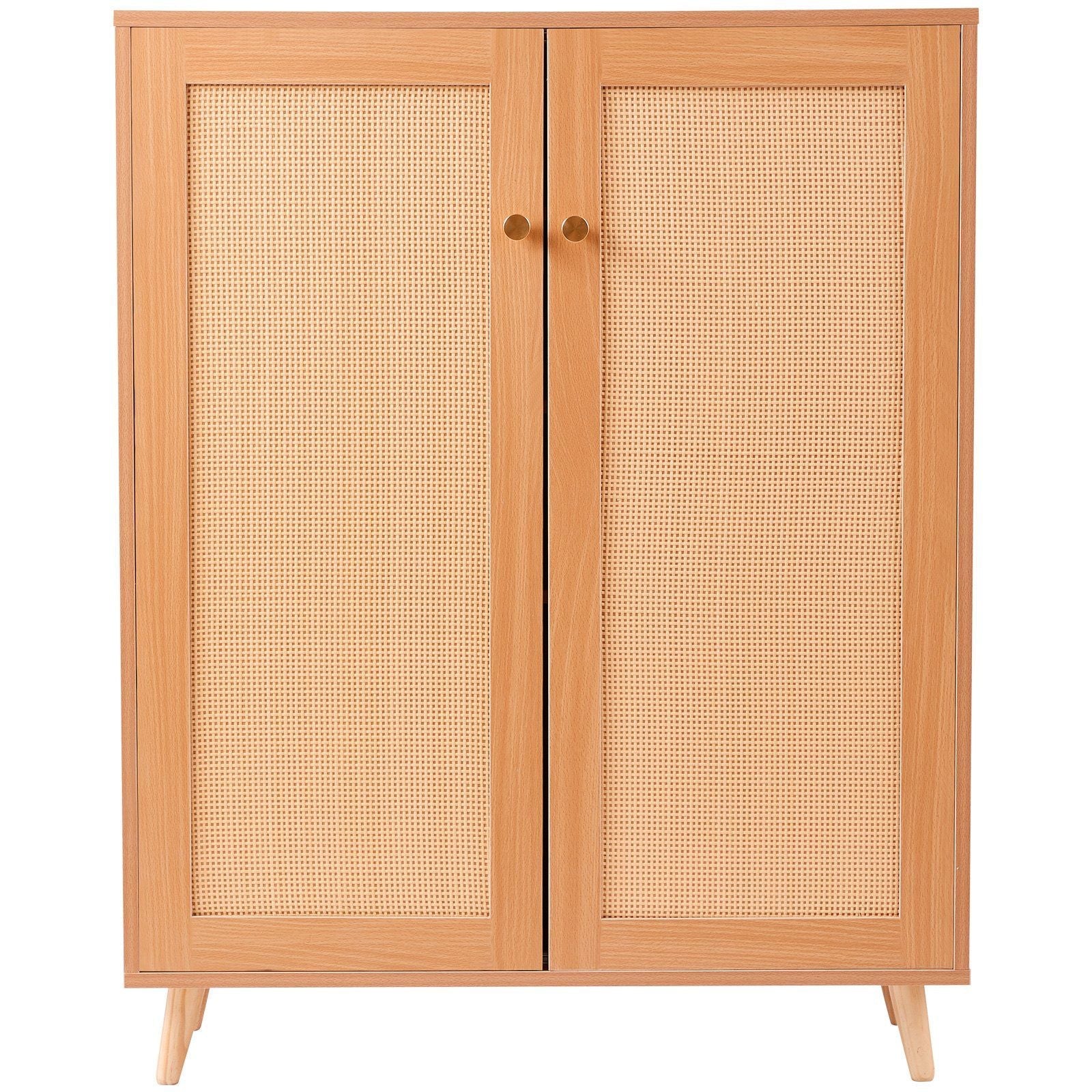Rattan Shoe Cabinet, 5 Tiers Shoe Storage Organizer with 2 Doors and Adjustable Shelves, 40.35" Tall Rattan Shoe Storage Entryway Cabinet Ideal for Entryway, Closet, Hallway, Light Wood Color