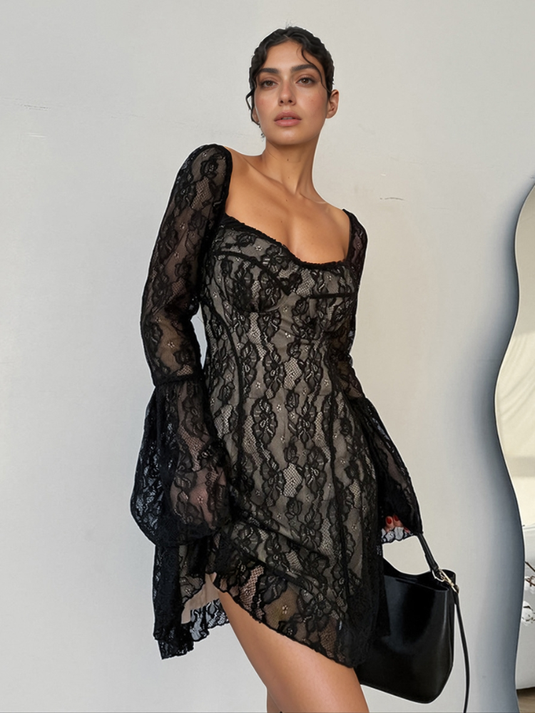 Lace Sweetheart Neck Flare Sleeve Mini Dress