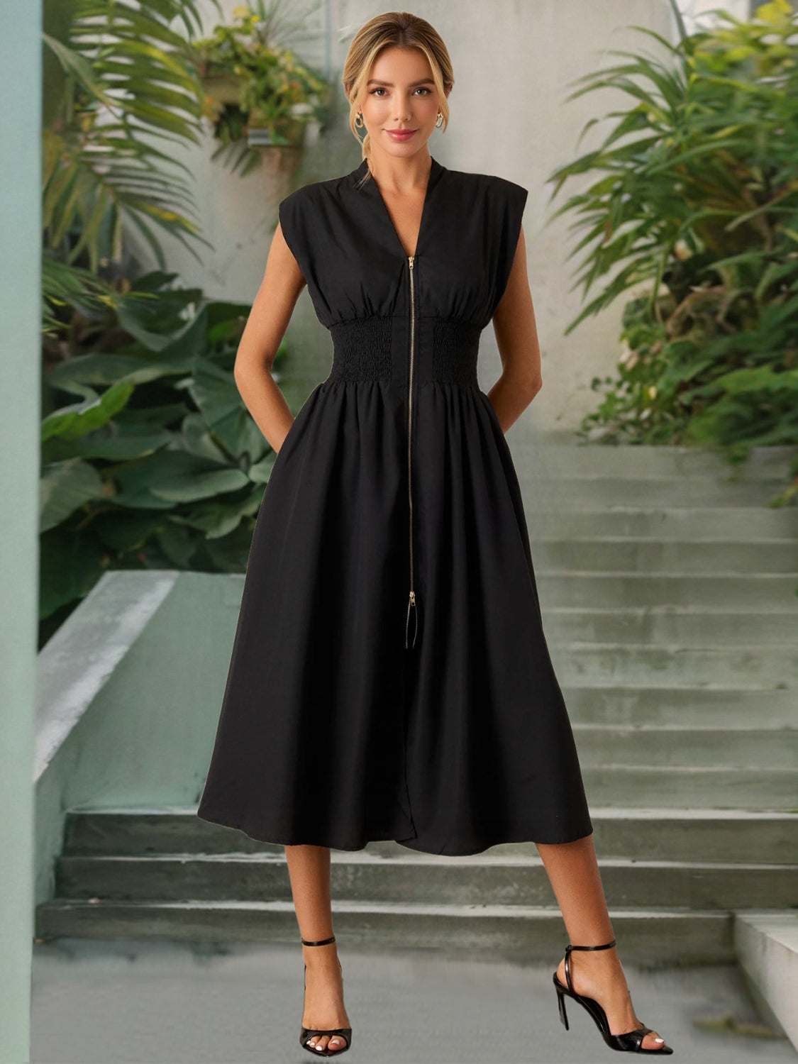 Smocked Zip Front Cap Sleeve Dress