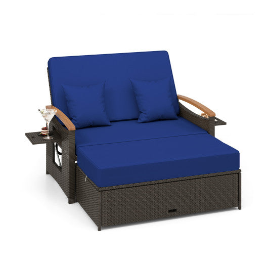 Outdoor Wicker Daybed with Folding Panels and Storage Ottoman-Navy